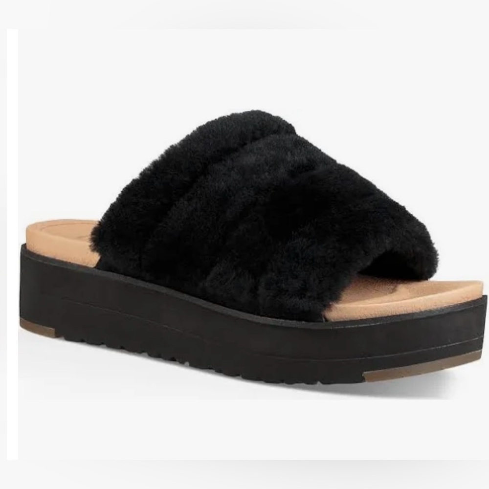 UGG FLUFF YEAH SANDAL Black Plush Faux Fur Women’s US Size 8.5